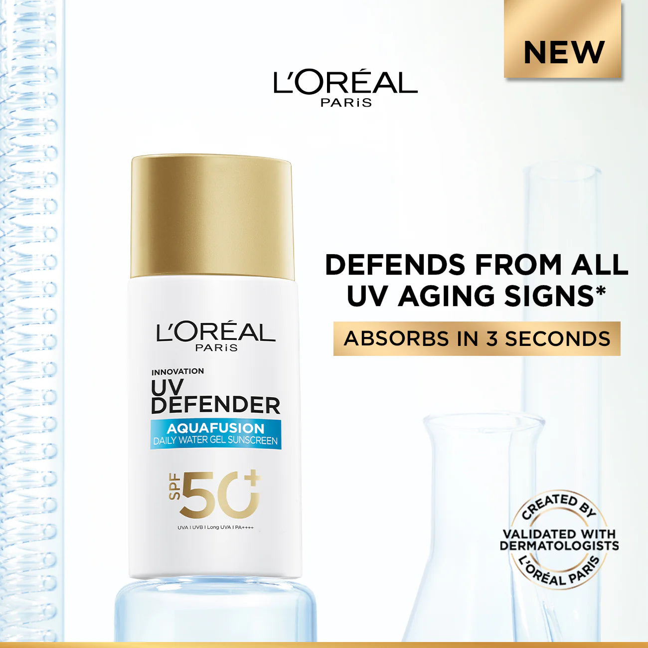 L’Oréal Paris, UV Defender, Aquafusion Daily Water Gel Sunscreen, SPF50+ Antiaging
