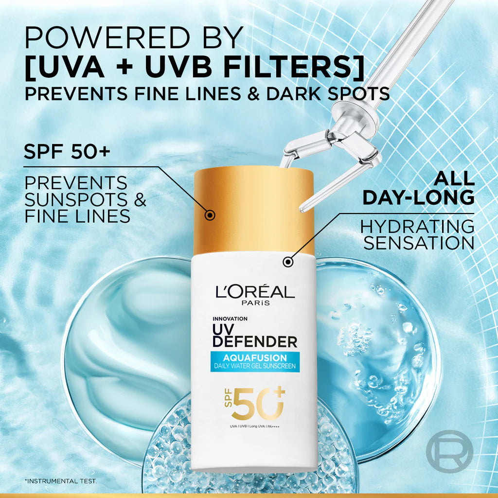 L’Oréal Paris, UV Defender, Aquafusion Daily Water Gel Sunscreen, SPF50+ Antiaging