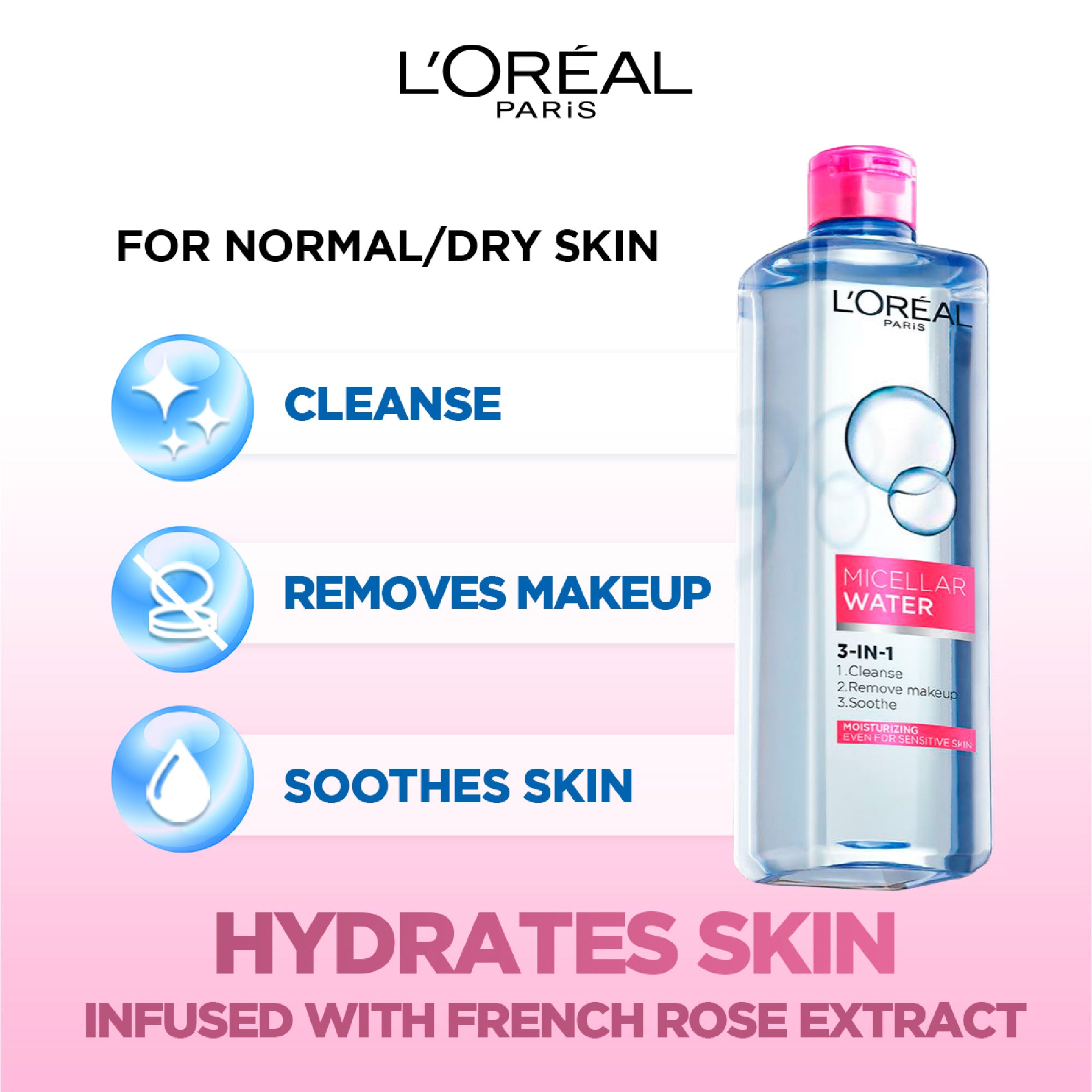 L’Oréal Paris 3-in-1 Refreshing Micellar Water, deep cleansing moisturize micellar for dry to normal skin