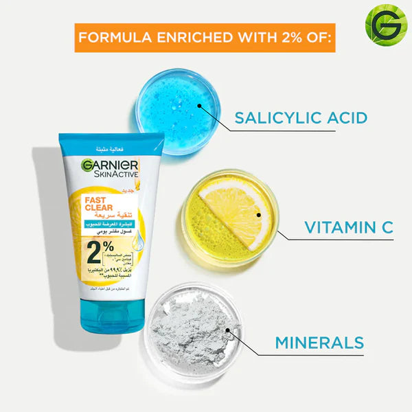 Garnier Fast Clear 2% Salicylic Acid & Vitamin C - 3 in 1 Anti-Acne Exfoliating Wash 150mL
